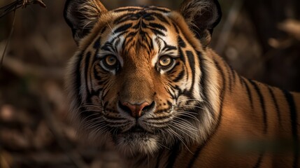 Close-up portrait of a tiger's fierce stare in the jungle. Generative AI