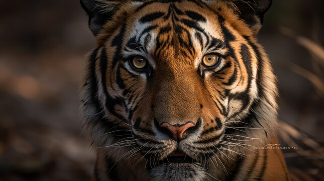 Close-up portrait of a tiger's fierce stare in the jungle. Generative AI
