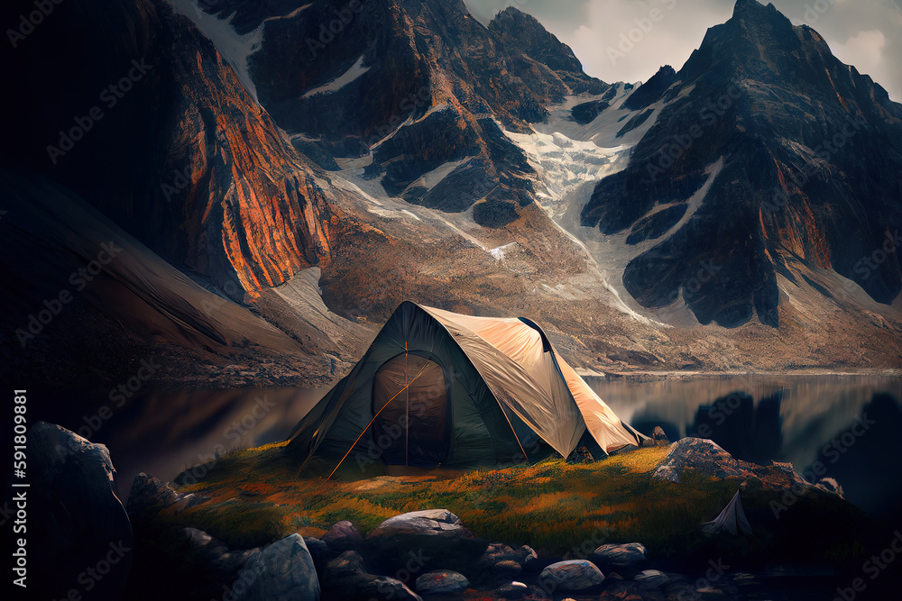 Poster a tent pitched up in a grassy field with mountains in the background . generative ai