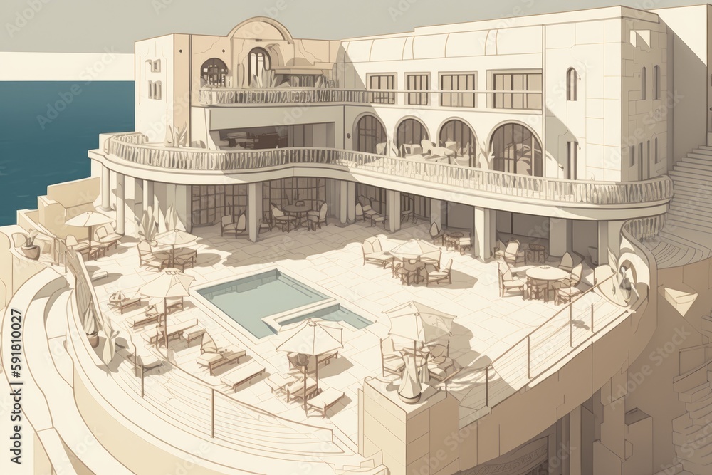 Poster modern building with a swimming pool in the foreground. generative ai