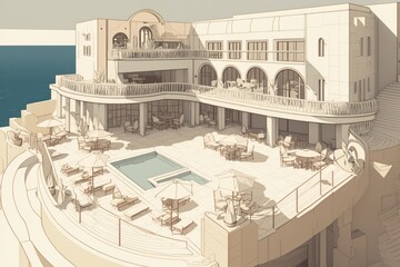 modern building with a swimming pool in the foreground. Generative AI