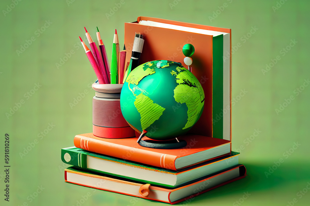Poster globe, notebook stack and pencils. schoolchild and student studi. generative ai