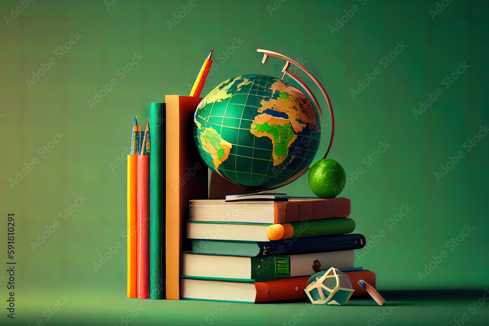 Poster globe, notebook stack and pencils. schoolchild and student studi. generative ai