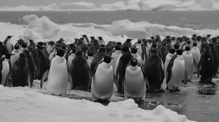 Group of penguins waddling on icy terrain in Antarctica. Generative AI