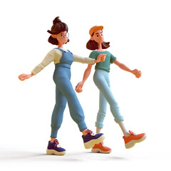Two excited cute asian active brunette k-pop girls in fashion casual blue green clothes are walking. Youth start-up for students, business education, teamwork. 3d render isolated transparent.