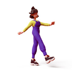 Cute excited smiling positive funny asian colorful active brunette k-pop girl in fashion clothes purple overalls yellow t-shirt, sneakers walks has fun rejoices. 3d render isolated transparent.