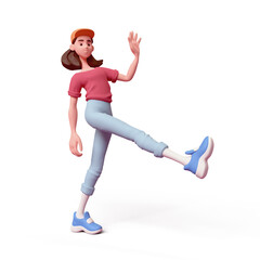 Cute kawaii positive excited asian colorful active brunette k-pop girl in fashion clothes blue pants, red t-shirt walks in humorous funny pose one leg up have fun. 3d render isolated transparent.