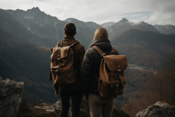 Fototapeta na wymiar Zwei Wanderer mit Rucksack stehen auf ein Berg und betrachten die Landschaft