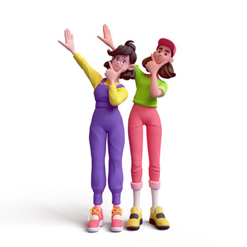 Two cute kawaii positive excited asian colorful active k-pop girls in fashion casual clothes touch their chin with index finger and thumb, one hand is raised up. 3d render isolated transparent.