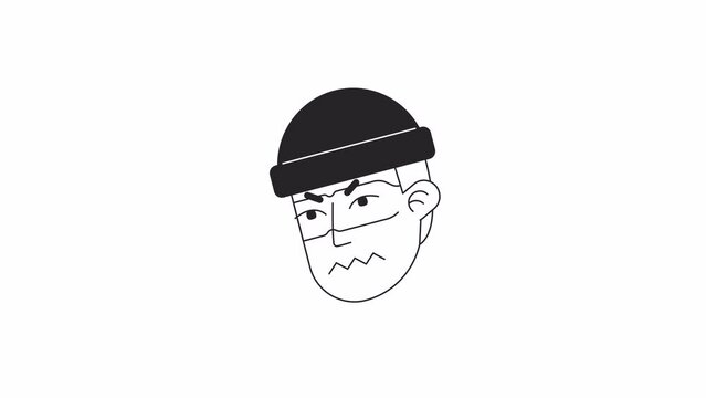 Irked delinquent bw icon animation. Man in crochet hat. Animated monochromatic flat character head on white background with alpha channel transparency. Cartoon avatar 4K video footage for web design