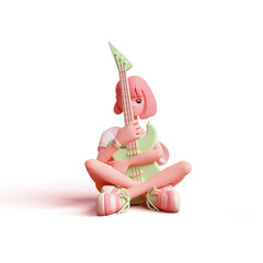 Cute kawaii funny asian music lover pink-haired k-pop girl sits cross-legged hugging green electric guitar with her hands has fun joy. Lessons at school education. 3d render isolated transparent.