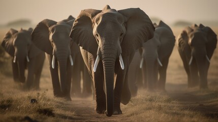 Majestic elephant herd on the move in the African savannah. Generative AI - obrazy, fototapety, plakaty