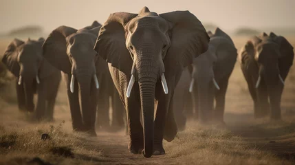 Fotobehang Majestic elephant herd on the move in the African savannah. Generative AI © bomoge.pl