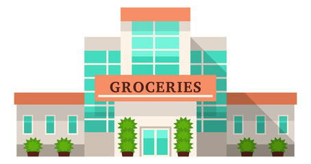 Groceries store facade. Big city buiding front