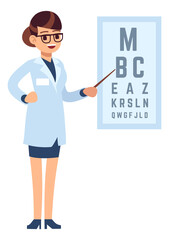 Ophthalmologist with eye chart. Female doctor checking vision