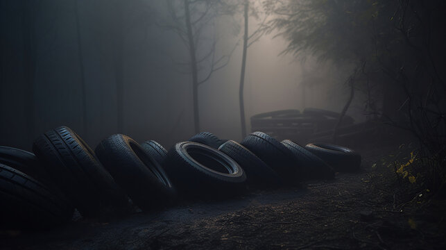 Pile of old tires neatly arranged. Generative AI