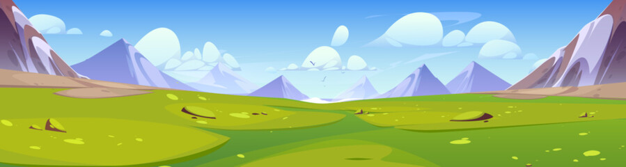 Fototapeta premium Nature landscape with mountains, green valley and clouds in sky. , trees, road and clouds in sky. Summer scene of fields with green grass and rocks range with snow, vector cartoon illustration