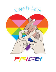 Pride t-shirt design with love graphic in rainbow color and hand sign for infinity and love.
Suitable design for creative arts, template, poster, postcard, card wishes, t-shirt design etc.