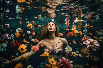 Obraz na płótnie Canvas Beautiful woman under water portrait. Generative AI.