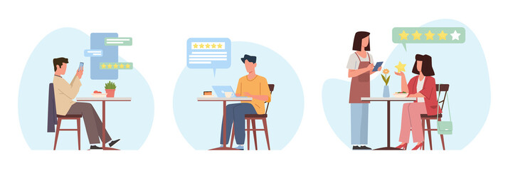 Culinary critics, professional writers or bloggers who write reviews and ratings of restaurant food. Customer feedback about service. Products degustation. Cartoon flat isolated png set