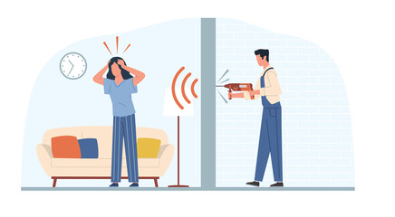 Woman suffers from unbearable noise due to repairs in apartment next door. Man drilling wall, noisy neighborhood. Home renovation, construction worker cartoon flat illustration. png concept - obrazy, fototapety, plakaty