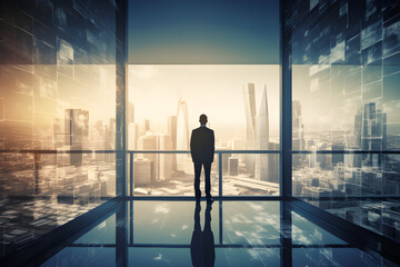 Fototapeta na wymiar Businessman looking megalopolis through window. Business concept. Generative AI