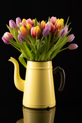 Colourful Bouquet of Tulips in a Yellow Enamel Pot in front of a black background