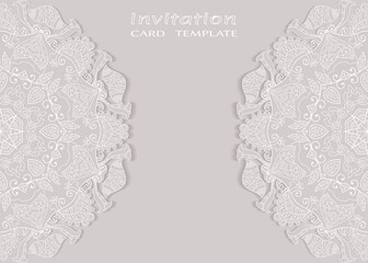 Invitation or Card template with lacе frame border, doodle line pattern, mandala element. Decorative openwork filigree art background for Wedding, Valentine's day greeting card, Birthday Invitation