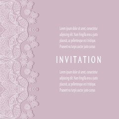 Invitation or Card template with lacе frame border, doodle line pattern, mandala element. Decorative openwork filigree art background for Wedding, Valentine's day greeting card, Birthday Invitation