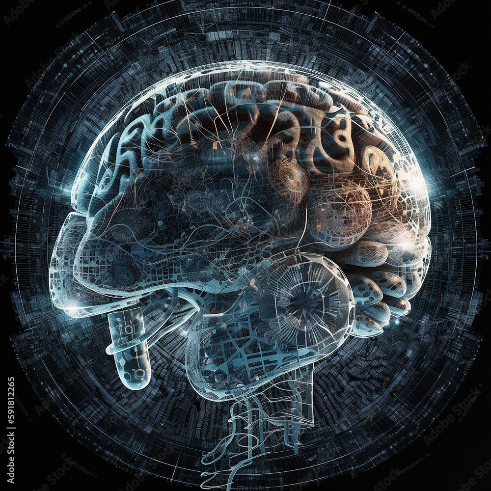 Aufkleber brain, electronics and ai with future and 3d, human mind and network with digital world and technolo