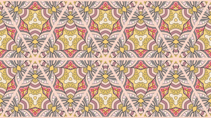 Colorful seamless triangle patchwork pattern. Abstract hand drawn art, stylized floral doodle ornament. Tribal ethnic arabic, indian decor. Vector collage quilt pattern. Textile fabric paper print