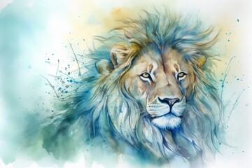 A watercolor painting of the head of a lion. Generative AI