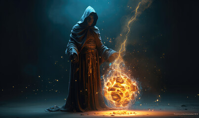 Dark elemental mage levitate casting glowing arcane fire spell, ai generative