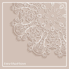 Lace Invitation Card template with mandala element. Doodle line pattern. Decorative openwork filigree art background for Wedding, Valentine's day greeting card, Birthday Invitation