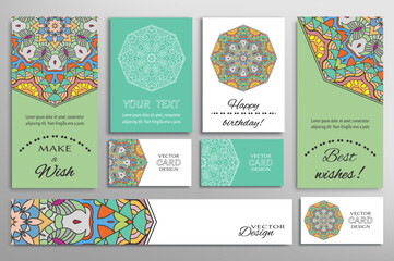 Big set of greeting Cards or wedding Invitations. Postcards template with inscription Make a Wish, Best Wishes, Happy Birthday. Banner, business cards with mandala ornament. Isolated design elements