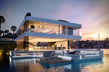 A modern designer's home on the water's edge, Generative AI