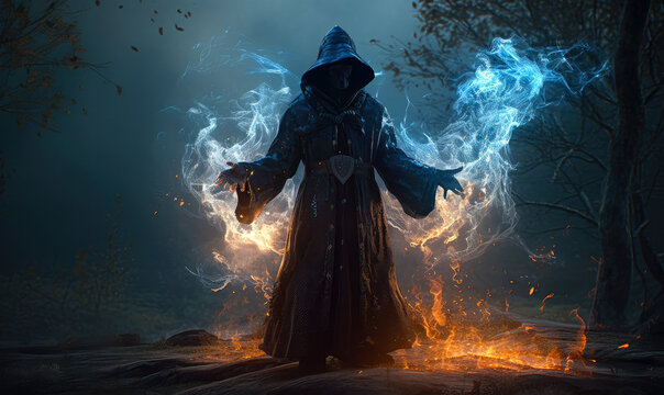 Dark elemental mage levitate casting glowing arcane fire spell, ai generative