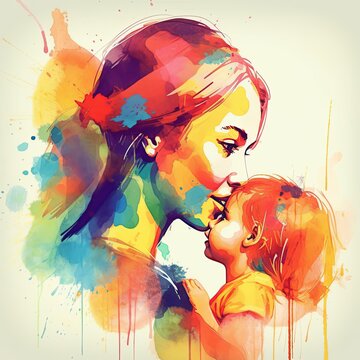 The colorful Mother's Day illustration of a child embracing their mother with Generative AI technology