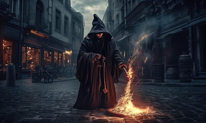 Dark elemental mage levitate casting glowing arcane fire spell, ai generative