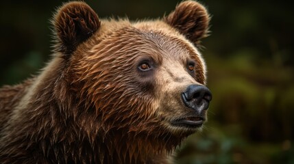 Fototapeta na wymiar Close-up of a brown bear's face in the forest. Generative AI