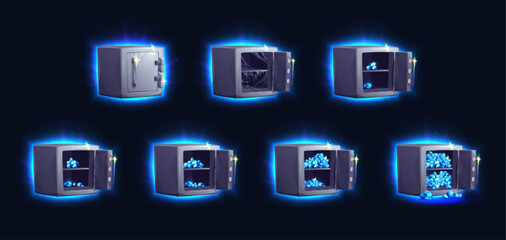 Safe box with gem vector icon illustration. Open vault locker game bank or store bundle. Isolated steel lock storage door with blue neon glowing and sparkling. Savings security system with strongbox.