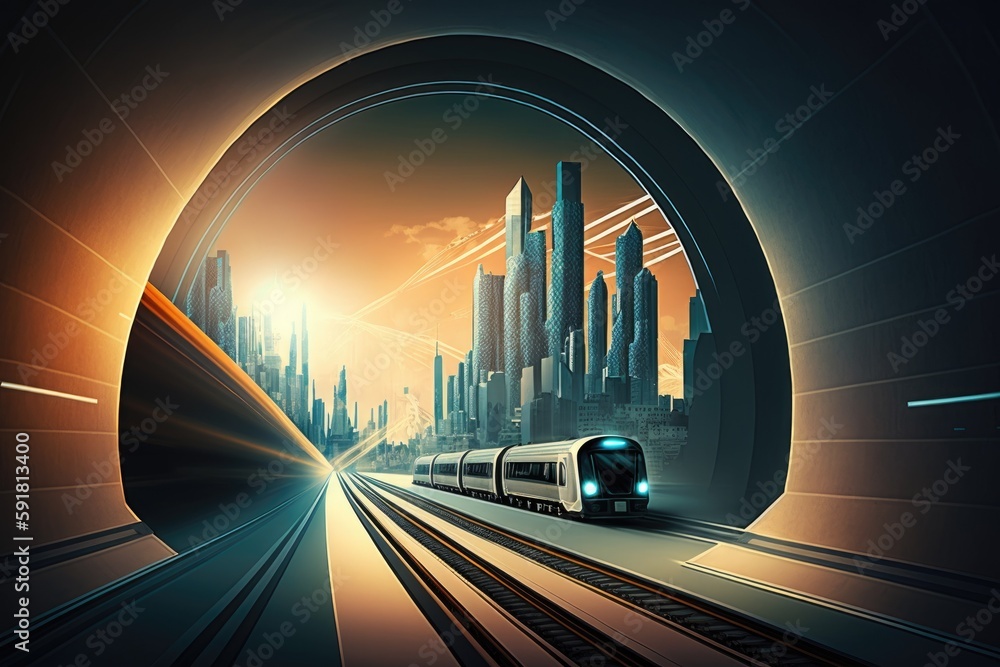 Poster train passing through a tunnel with a cityscape in the distance. generative ai