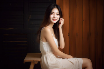 Fototapeta premium Portrait of a young, beautiful and smiling Taiwanese girl with low v-cut tight short dress, with generative AI technology