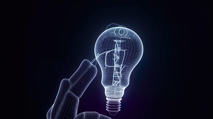 Futuristic AI Robotic Hand Holding Light Bulb. Artificial Intelligence Idea Generation. Technology meets Idea. Robot. Cyborg Hand