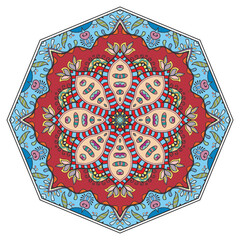 Mandala flower decoration, hand drawn round ornament, isolated design element on a white background. Vector geometric floral pattern. Tribal ethnic fashion motif for paper, textile, cloth fabric print