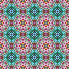 Hand drawn seamless graphic pattern, colorful artistic background with floral and geometric elements. Doodle ethnic mandala ornament for textile fabric, paper print. Surface texture 