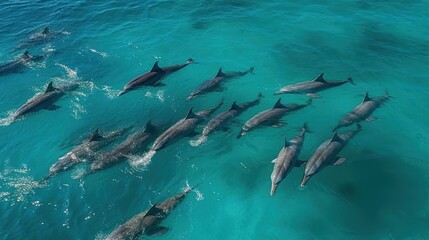 Obraz premium Pod of dolphins swimming together in the open sea. Generative AI