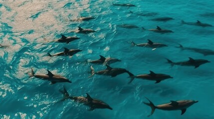 Pod of dolphins swimming together in the open sea. Generative AI