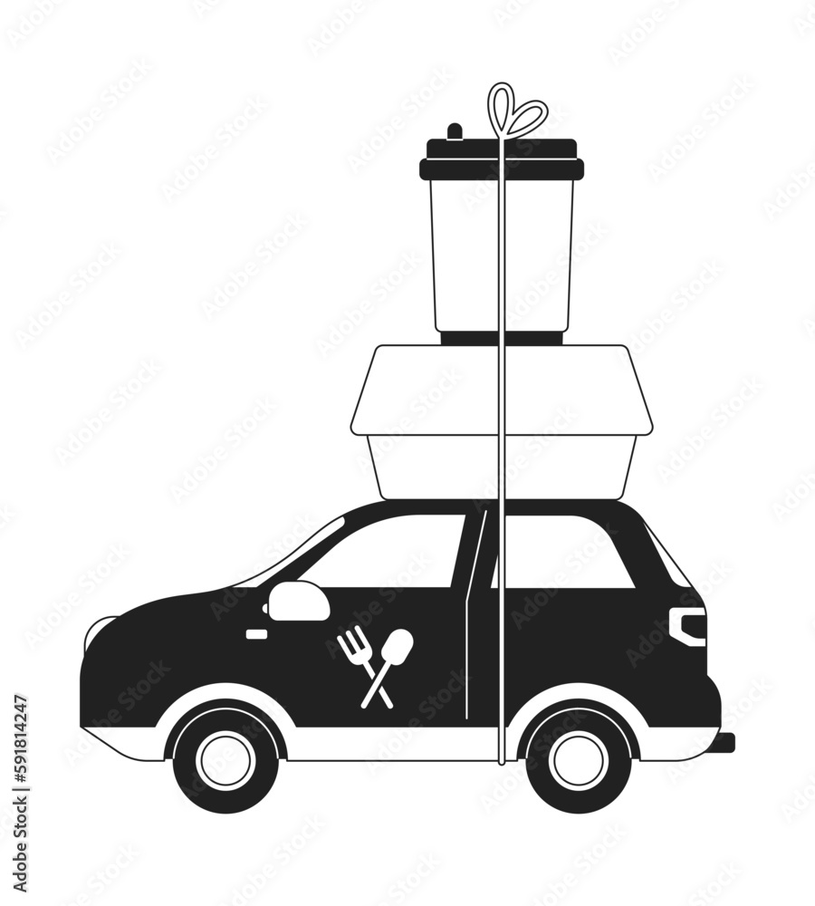 Poster delivery car with prepared meal and coffee monochrome concept vector spot illustration. editable 2d 