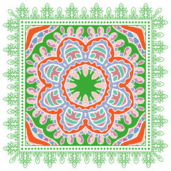 Decorative doodle ornament, symmetric pattern with lace frame. Tribal ethnic mandala decor. Bandana shawl, hijab, tablecloth fabric print, silk neck scarf, kerchief design. Colorful vector background